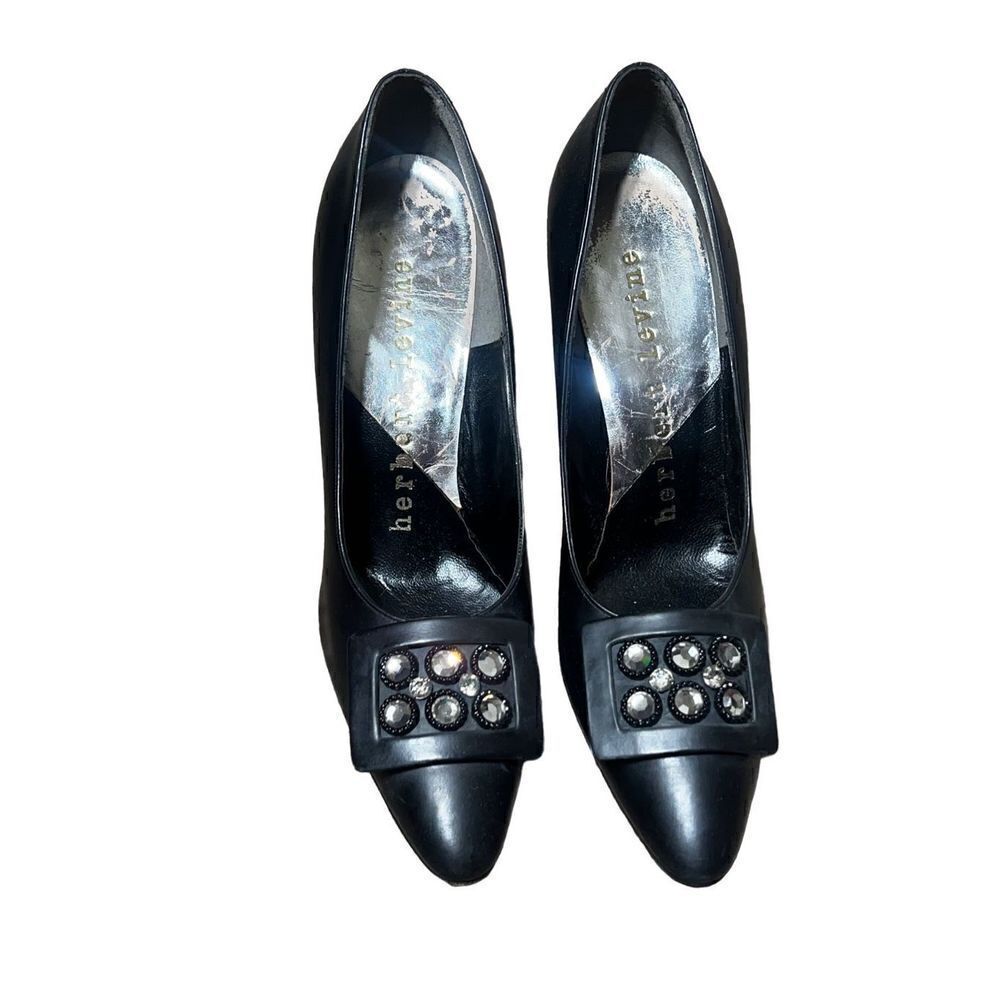 Herbert Levine Vintage Black Leather Embellished Toe Pump Size 7 AAAA